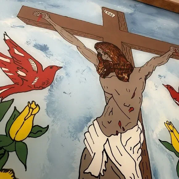 Vintage 1977 Attica Prison Inmate Folk Art Hand Painted Glass Jesus Crucifixion - Picture 5 of 16